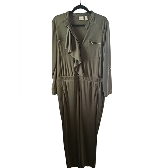 Chico's sz 2 olive green ruffle Utility Jumpsuit sz 12/14 - Picture 4 of 9